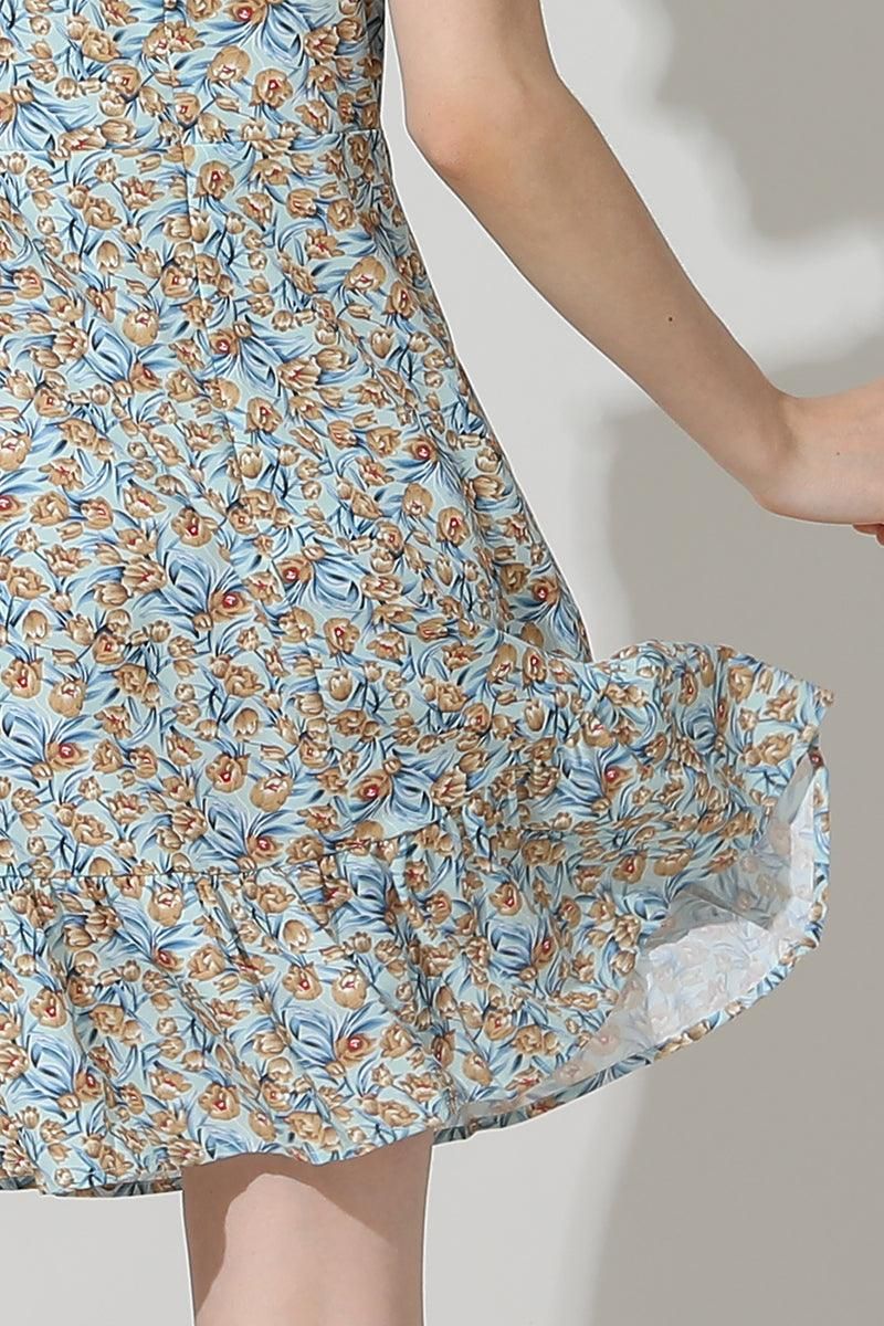 FLORAL ANGEL WINGS TIED WAIST RUFFLED MINI DRESS - Doublju