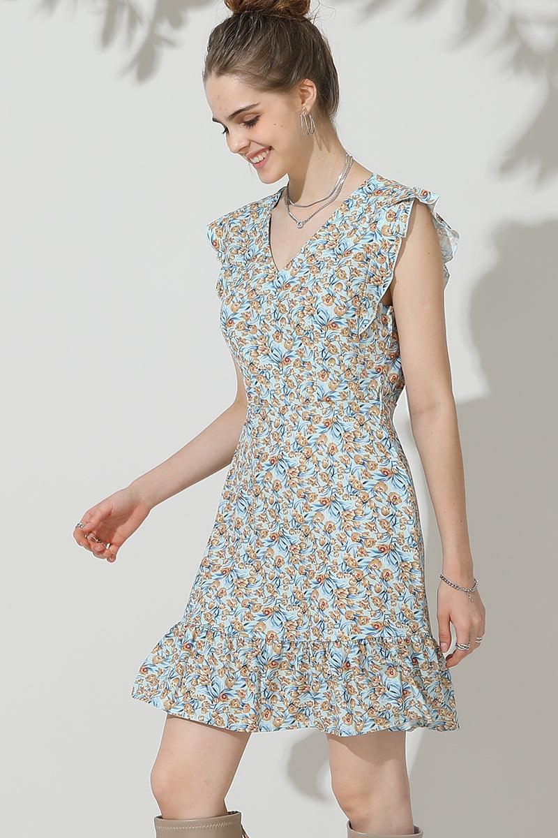 FLORAL ANGEL WINGS TIED WAIST RUFFLED MINI DRESS - Doublju
