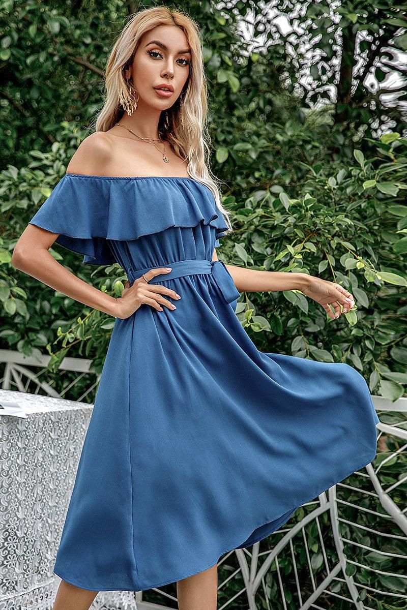 BIG RUFFLE LACE OFF SHOULDER TIED WAIST DRESS - Doublju