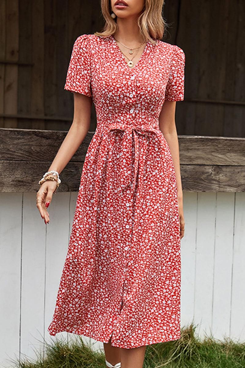 FLORAL V NECK BUTTON UP TIED WAIST DRESS - Doublju