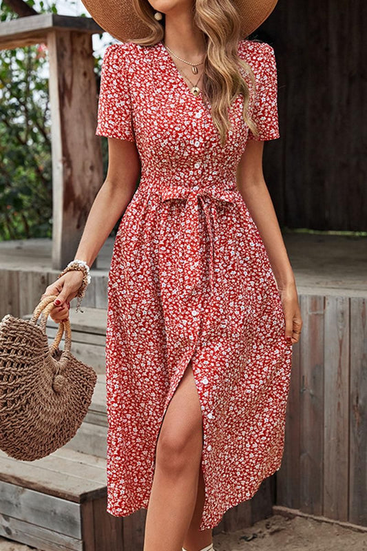 FLORAL V NECK BUTTON UP TIED WAIST DRESS - Doublju