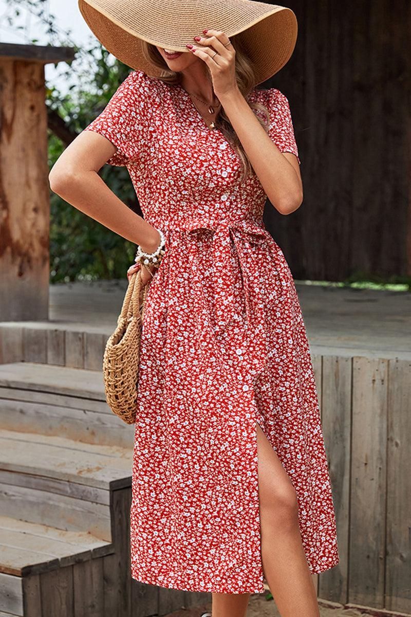 FLORAL V NECK BUTTON UP TIED WAIST DRESS - Doublju