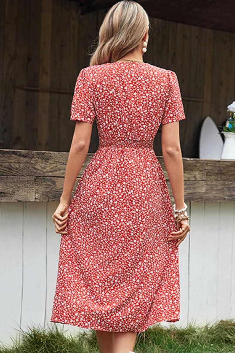 FLORAL V NECK BUTTON UP TIED WAIST DRESS - Doublju