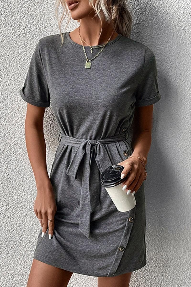 SIDE BUTTON POINT TIED WAIST ROLL UP SLEEVE DRESS - Doublju