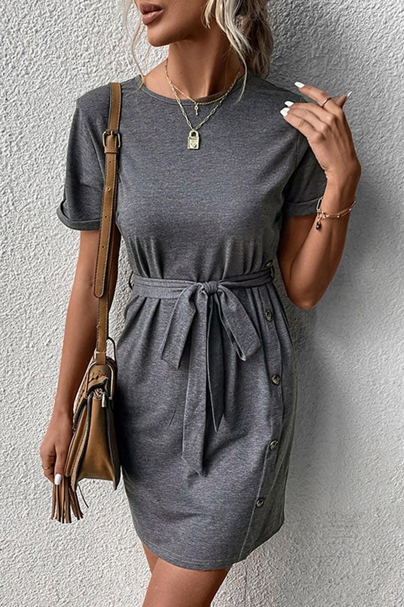 SIDE BUTTON POINT TIED WAIST ROLL UP SLEEVE DRESS - Doublju