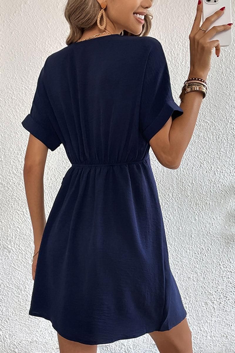 DEEP V NECK ROLL UP SLEEVE SIDE TIED WRAP DRESS - Doublju