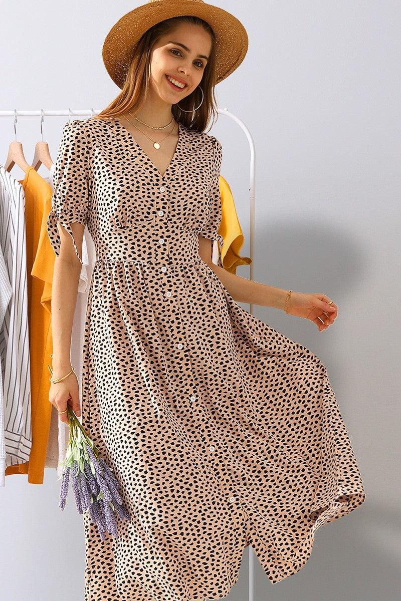 LEOPARD SHORT TIED SLEEVE BUTTON UP SLIT DRESS - Doublju