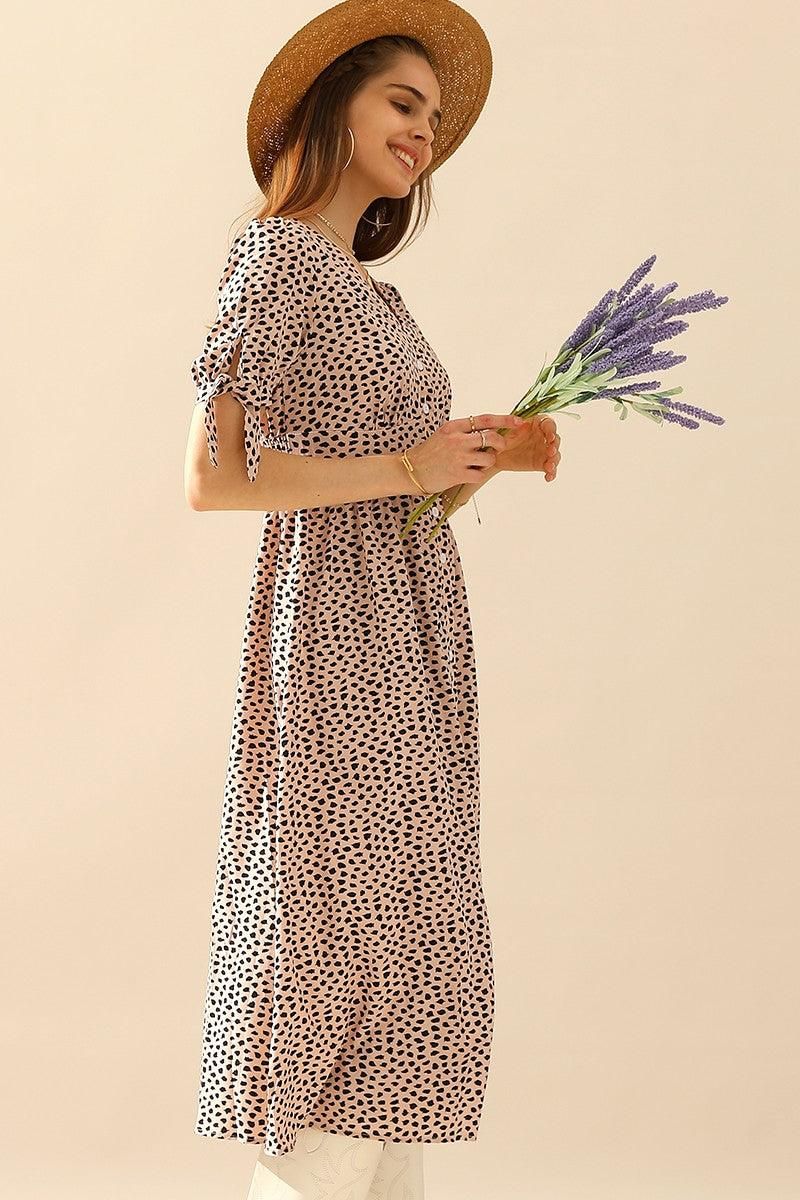 LEOPARD SHORT TIED SLEEVE BUTTON UP SLIT DRESS - Doublju