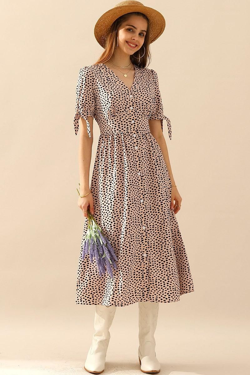 LEOPARD SHORT TIED SLEEVE BUTTON UP SLIT DRESS - Doublju