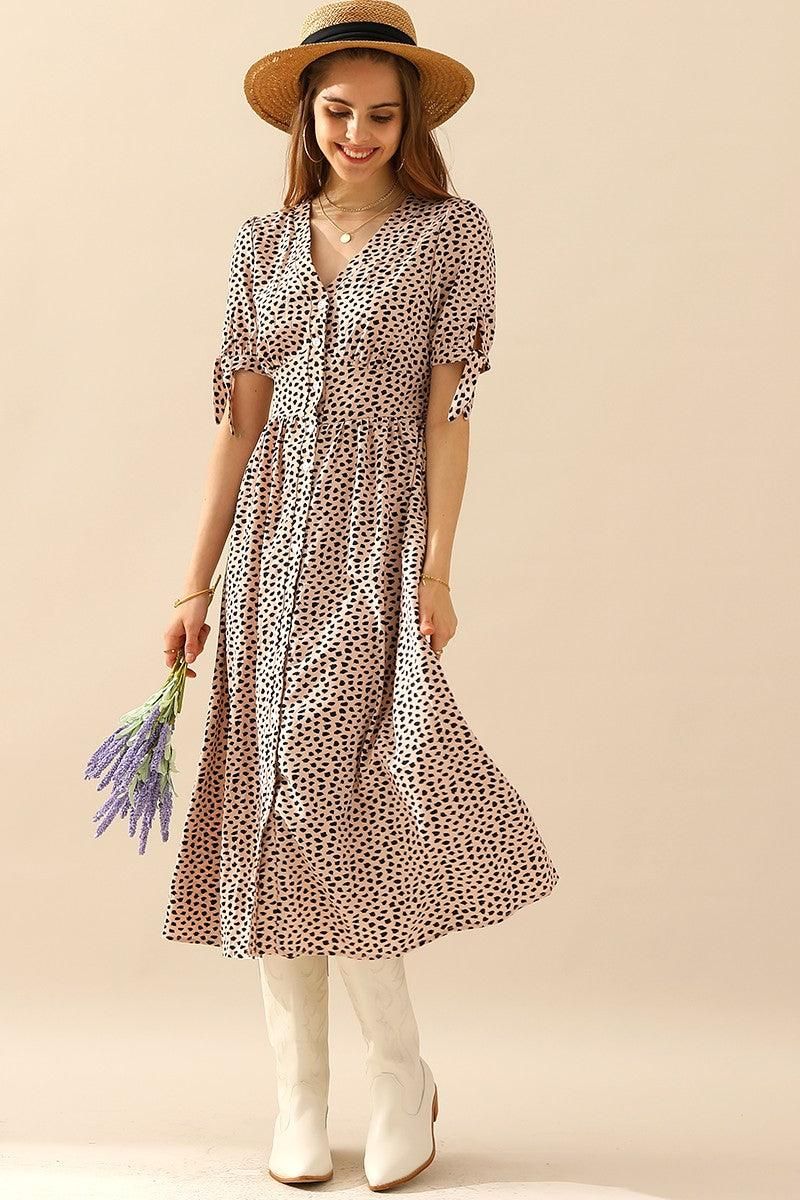 LEOPARD SHORT TIED SLEEVE BUTTON UP SLIT DRESS - Doublju