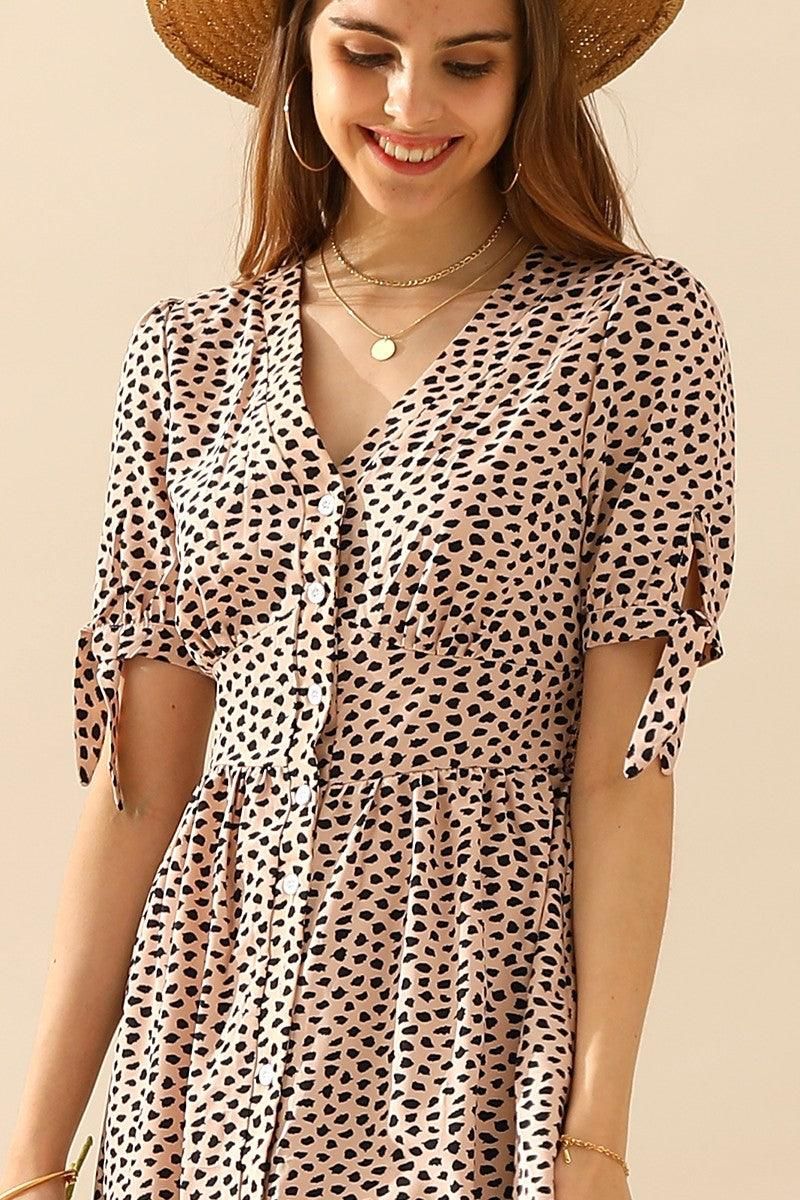 LEOPARD SHORT TIED SLEEVE BUTTON UP SLIT DRESS - Doublju