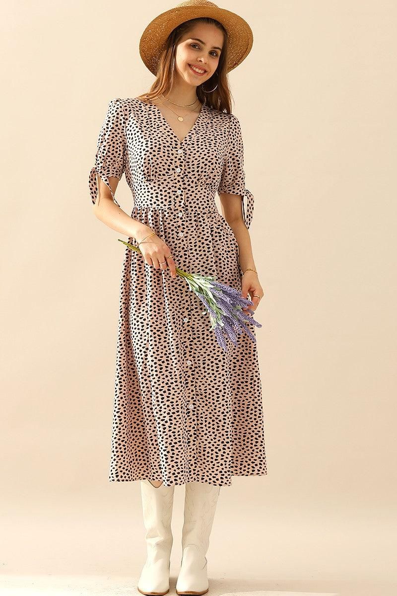 LEOPARD SHORT TIED SLEEVE BUTTON UP SLIT DRESS - Doublju