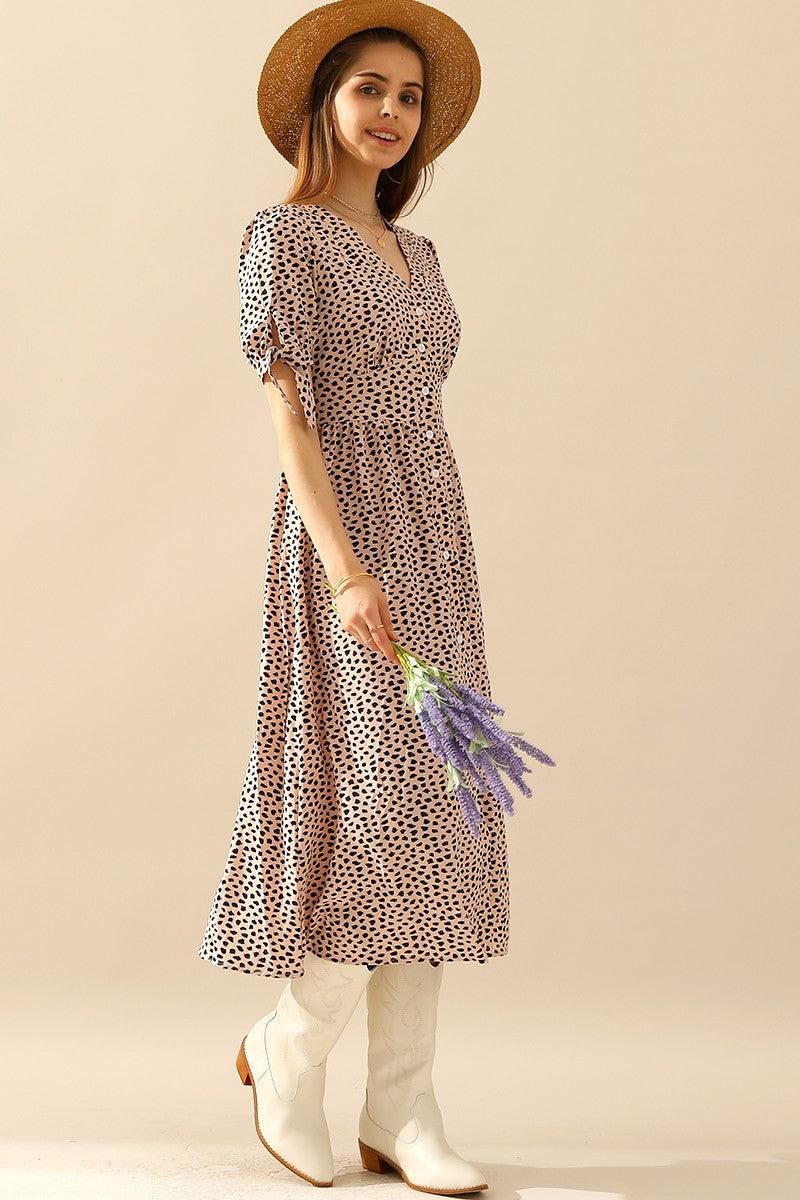 LEOPARD SHORT TIED SLEEVE BUTTON UP SLIT DRESS - Doublju