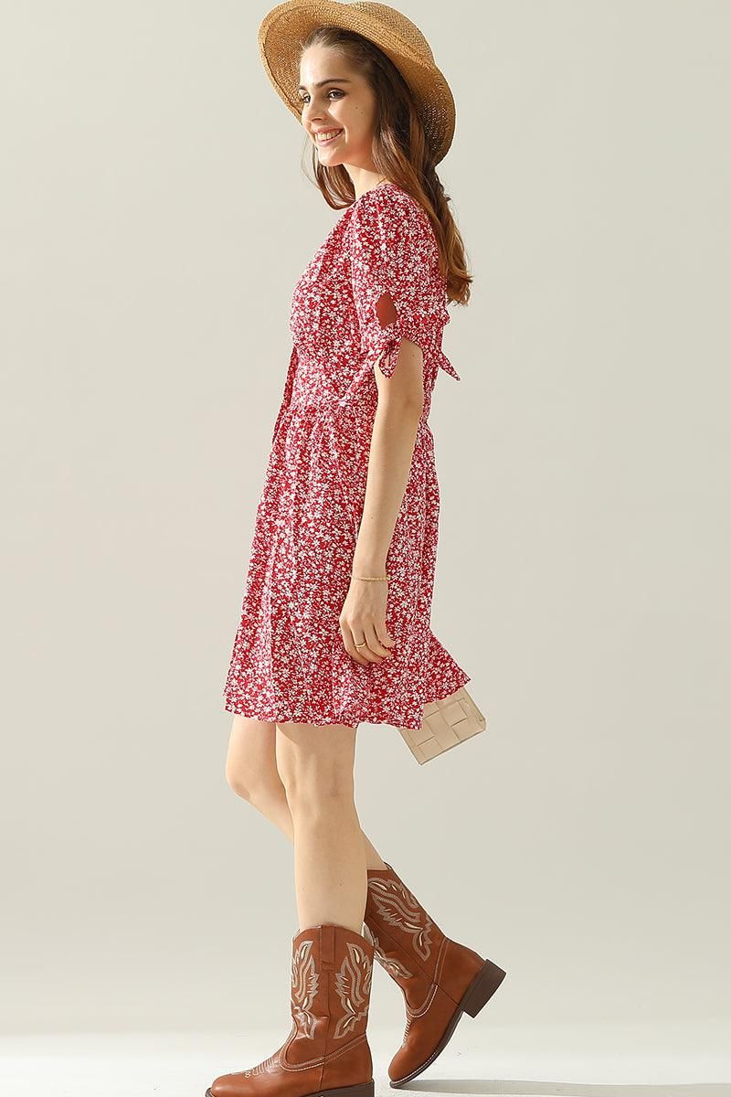 FLORAL TIED SLEEVE BUTTON UP SLIM SHORT DRESS - Doublju