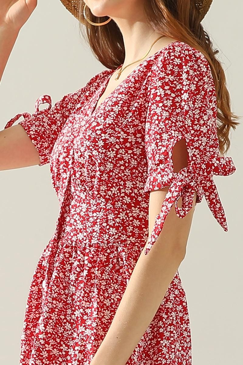 FLORAL TIED SLEEVE BUTTON UP SLIM SHORT DRESS - Doublju