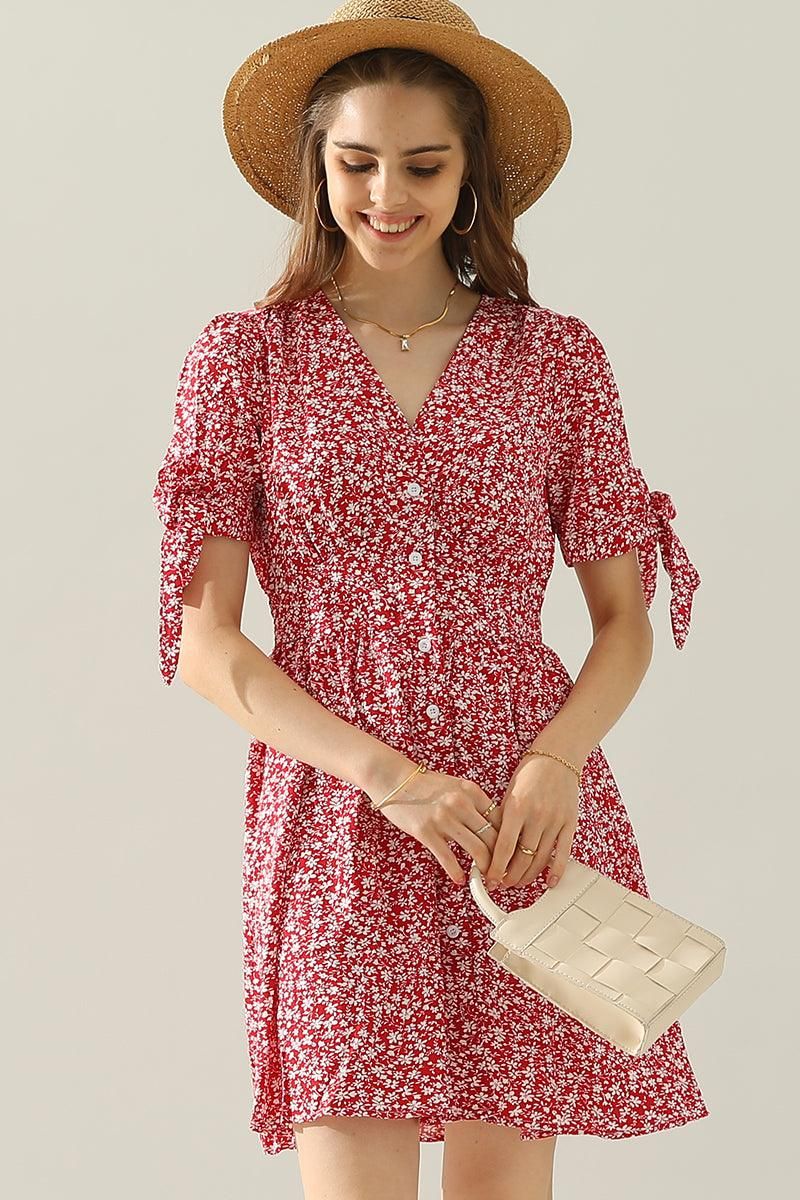 FLORAL TIED SLEEVE BUTTON UP SLIM SHORT DRESS - Doublju