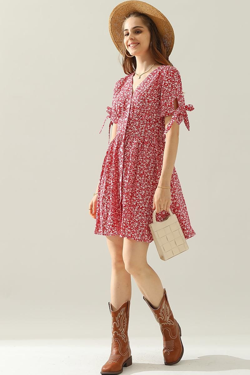 FLORAL TIED SLEEVE BUTTON UP SLIM SHORT DRESS - Doublju