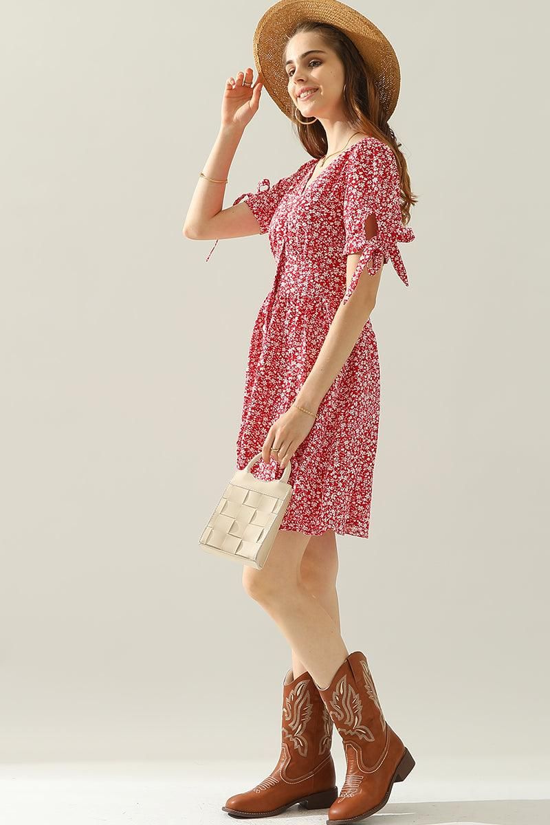 FLORAL TIED SLEEVE BUTTON UP SLIM SHORT DRESS - Doublju