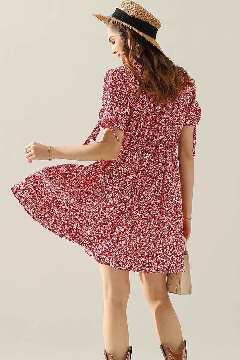 FLORAL TIED SLEEVE BUTTON UP SLIM SHORT DRESS - Doublju