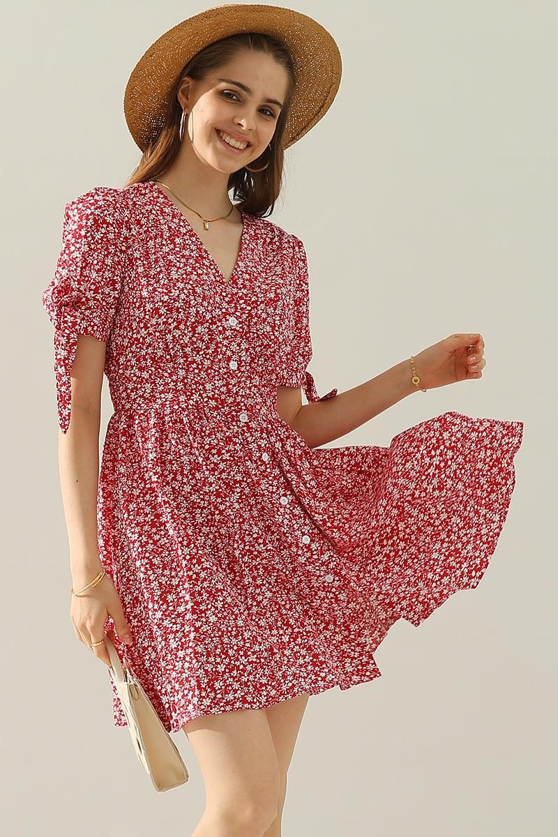 FLORAL TIED SLEEVE BUTTON UP SLIM SHORT DRESS - Doublju