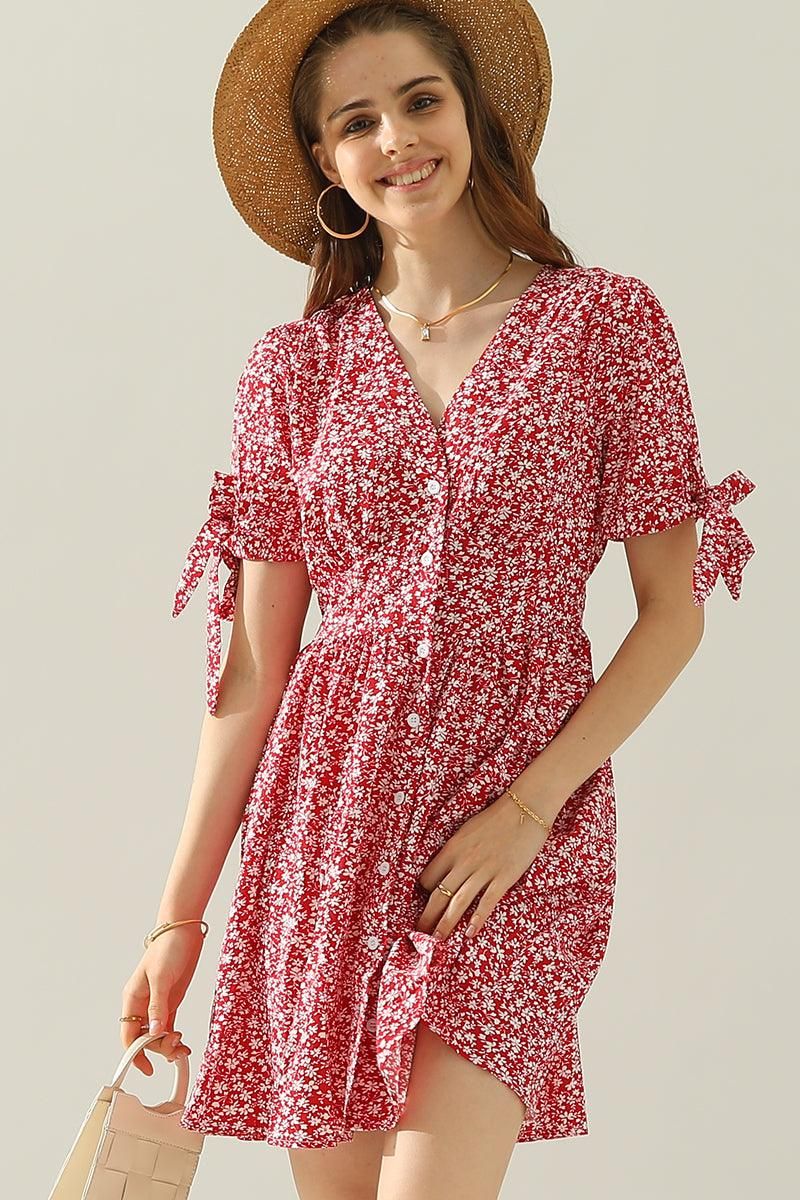 FLORAL TIED SLEEVE BUTTON UP SLIM SHORT DRESS - Doublju