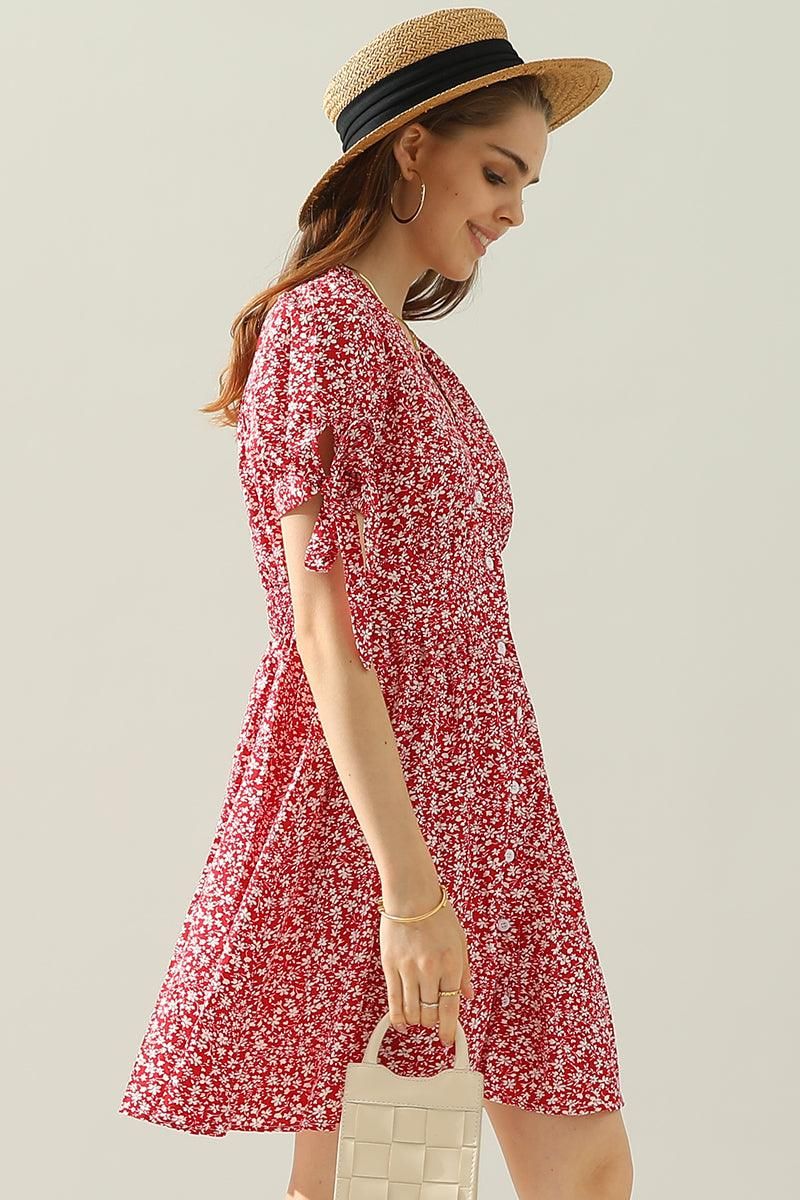 FLORAL TIED SLEEVE BUTTON UP SLIM SHORT DRESS - Doublju