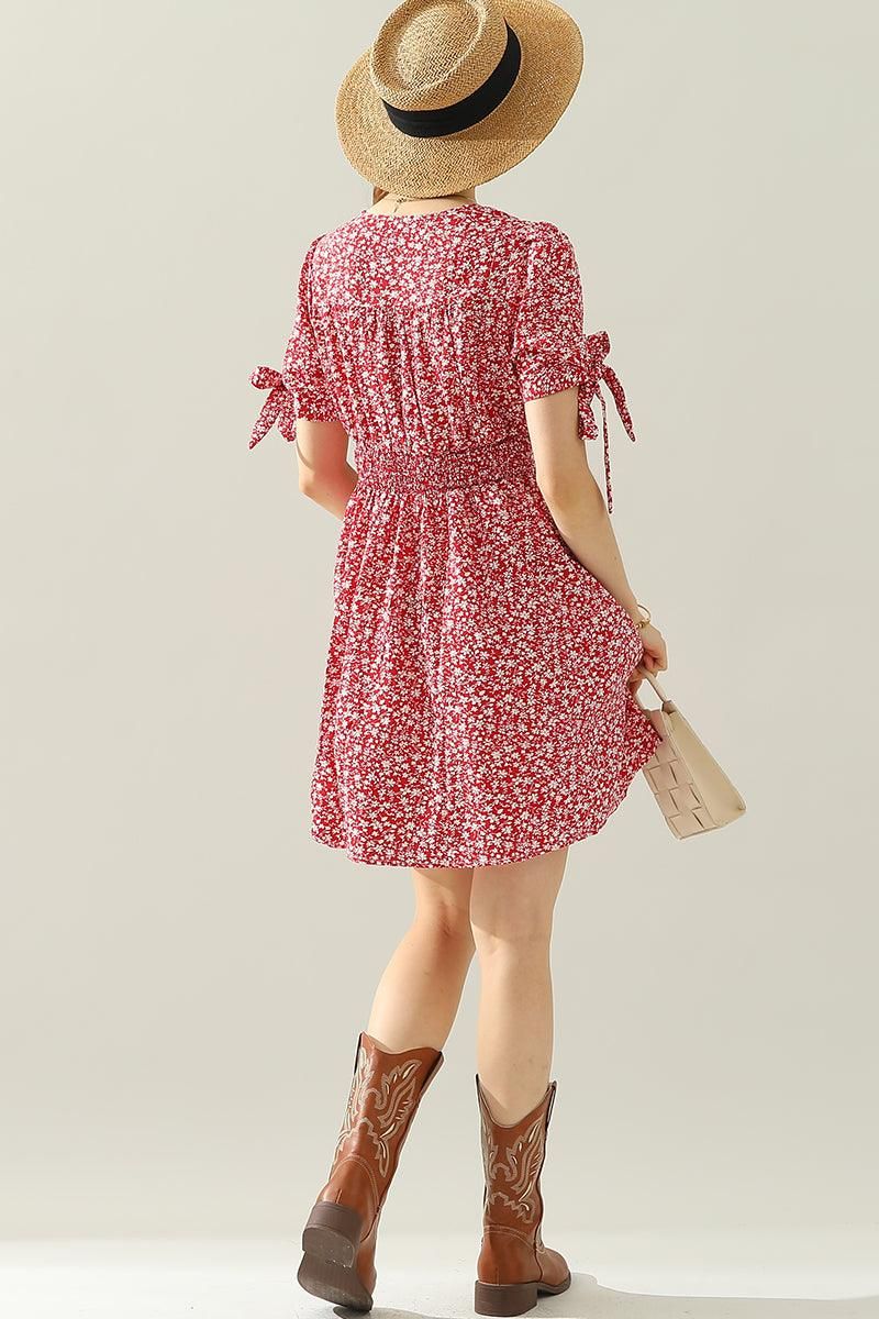 FLORAL TIED SLEEVE BUTTON UP SLIM SHORT DRESS - Doublju