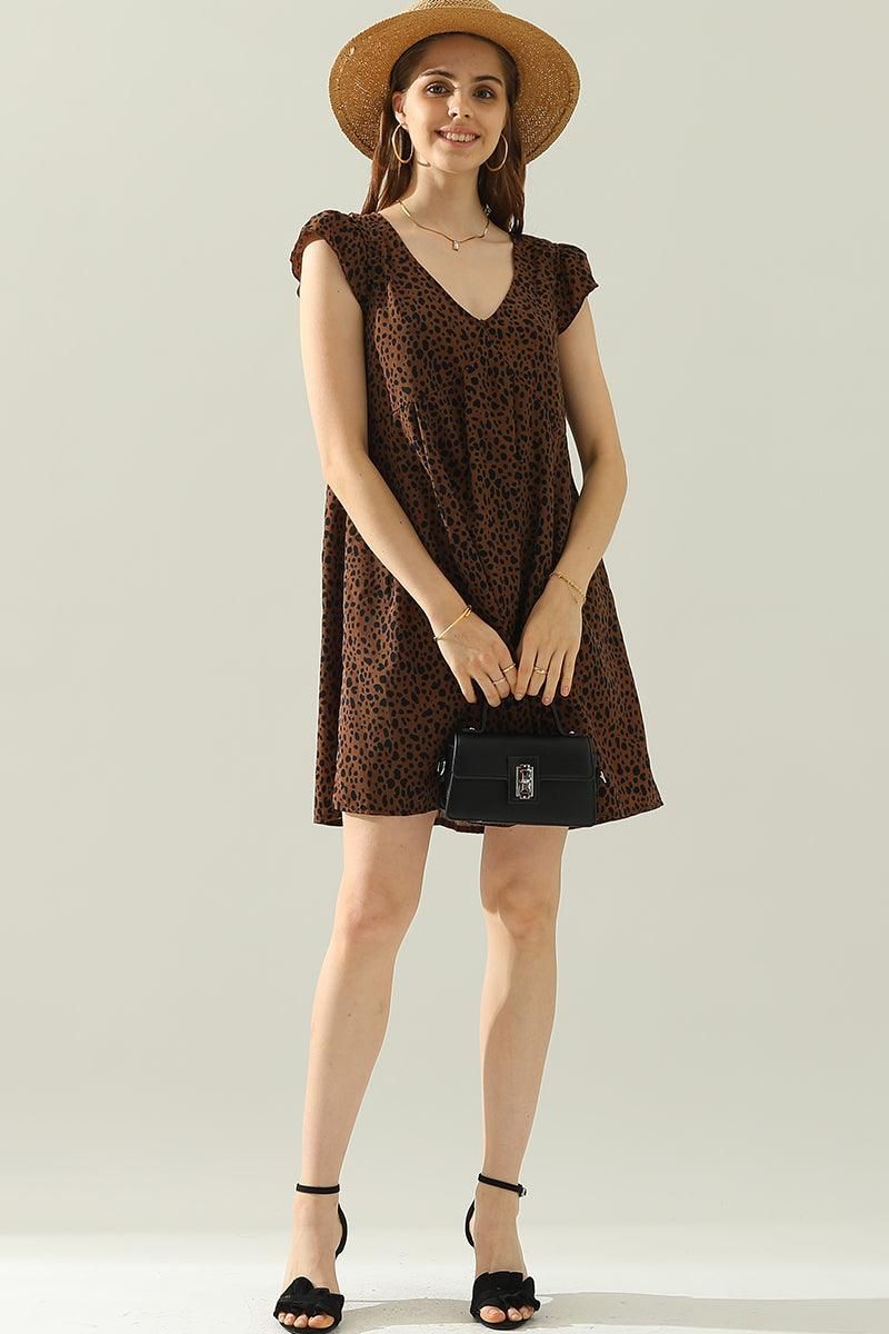 DEEP V BACK TIED ANGEL WINGS LEOPARD DRESS - Doublju