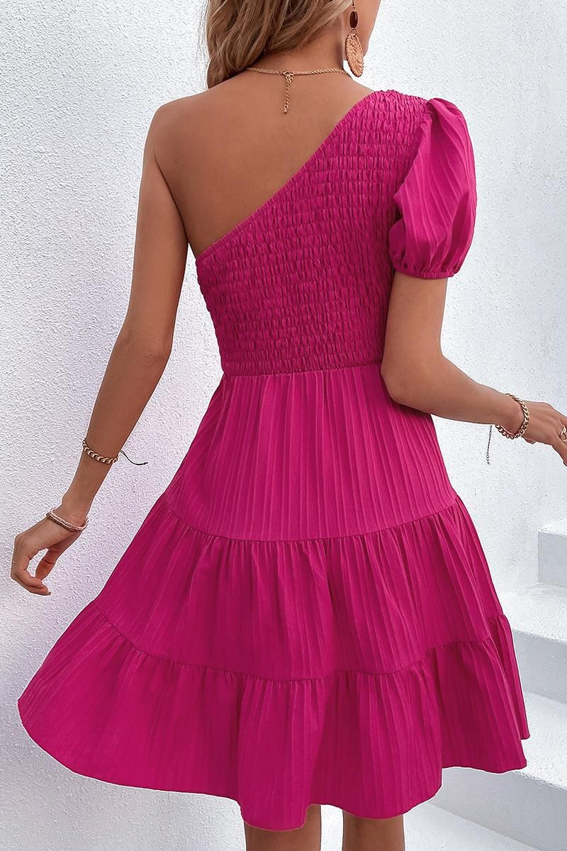 ONE PUFF SHOULDER WRINKLED SHORT CANCAN DRESS - Doublju