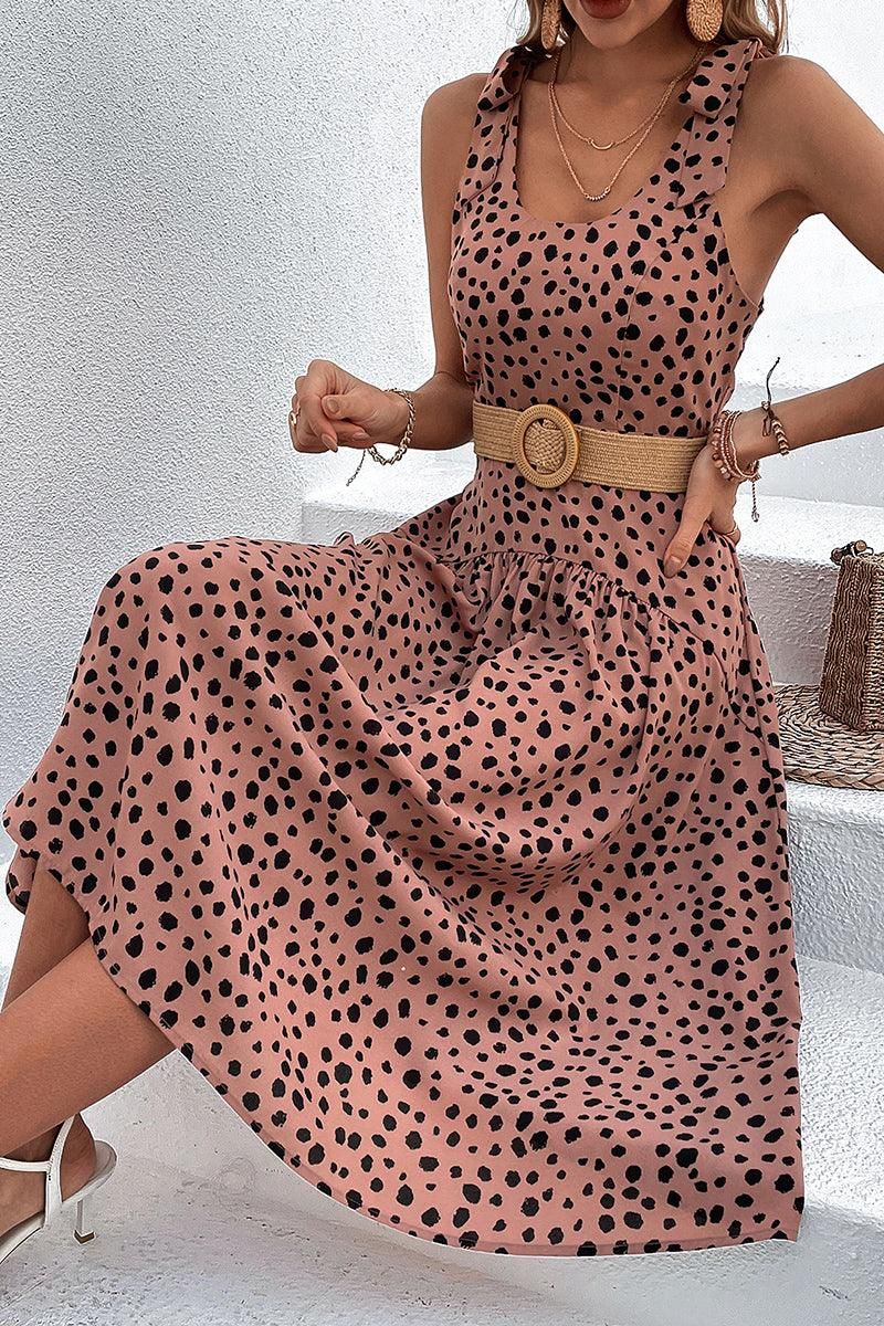 SEXY BACK RIBBON STRAP SLIM LEOPARD DRESS - Doublju