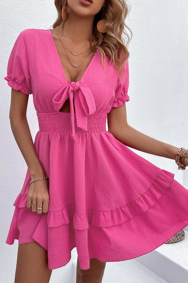 PUFF LACE RUFFLED TIED CHEST MINI DRESS - Doublju