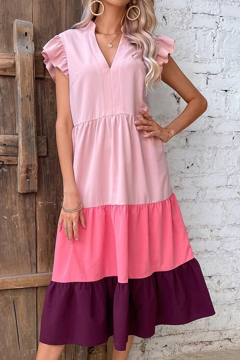 V NECK COLOR BLOCK ANGEL SLEEVE CAKE DRESS - Doublju