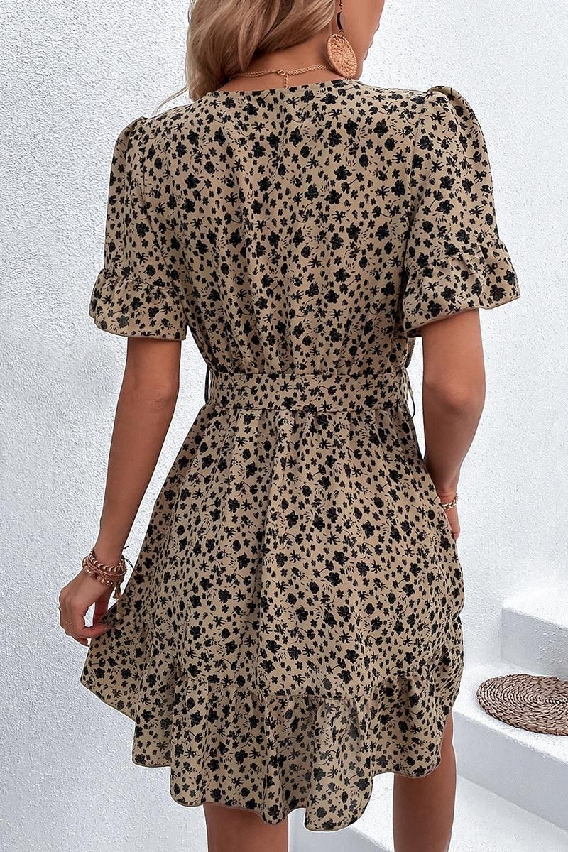 FLORAL CROSS OVER TIED WAIST RUFFLE MINI DRESS - Doublju