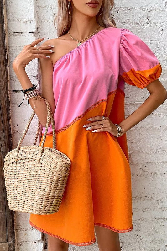 COLOR BLOCK ONE PUFF SHOULDER SHORT DRESS - Doublju