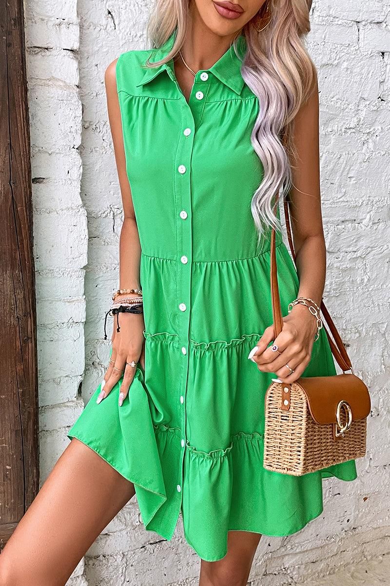 WRINKLED SLEEVELESS BUTTON UP COLLAR DRESS - Doublju
