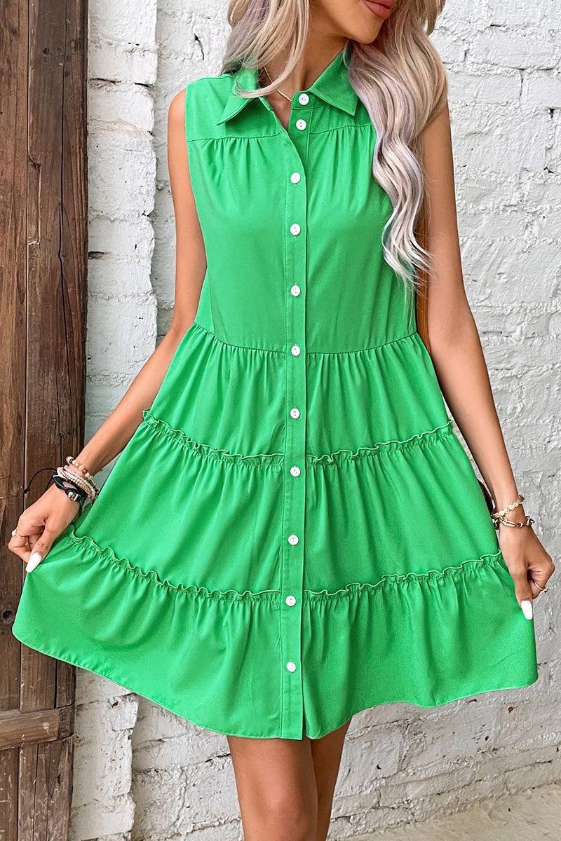 WRINKLED SLEEVELESS BUTTON UP COLLAR DRESS - Doublju