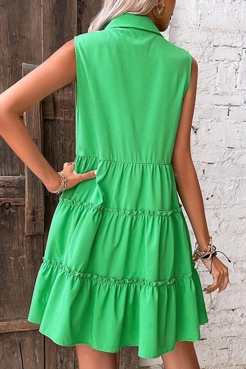 WRINKLED SLEEVELESS BUTTON UP COLLAR DRESS - Doublju