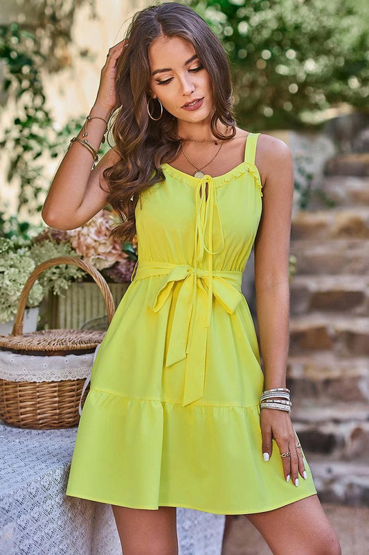 RUFFLED TIED WAIST STRAP MINI DRESS - Doublju