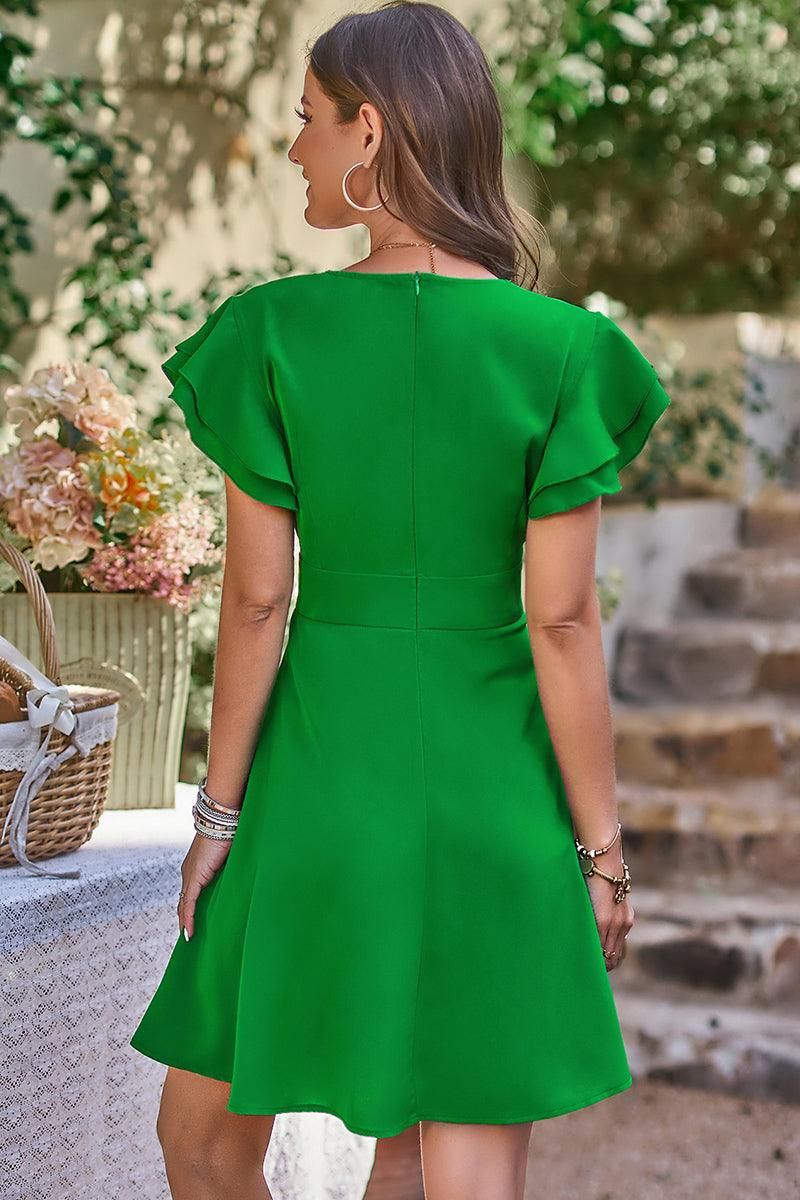 V NECK TIGHTEN WAIST CAKE SLEEVE SHORT DRESS - Doublju