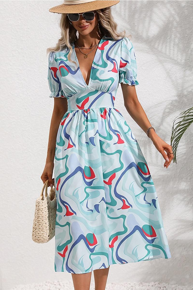 COLOR WAVE PAINTING DEEP V NECK PUFF DRESS - Doublju