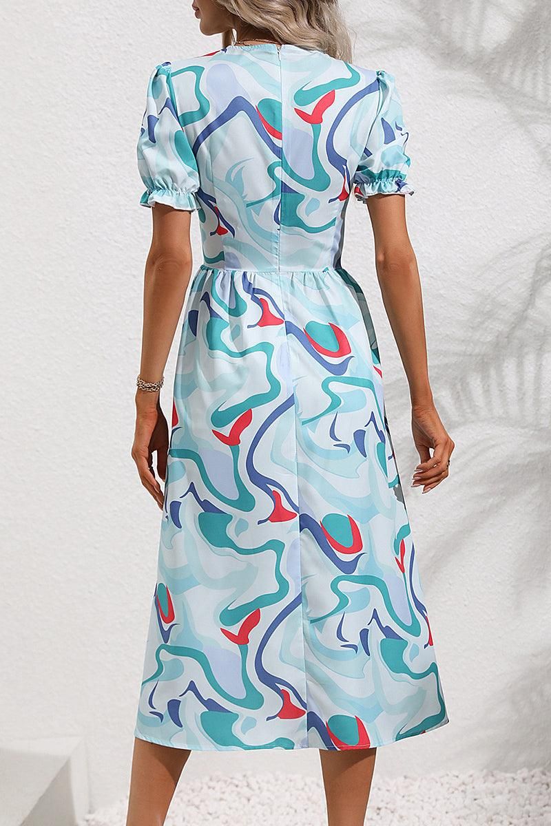 COLOR WAVE PAINTING DEEP V NECK PUFF DRESS - Doublju