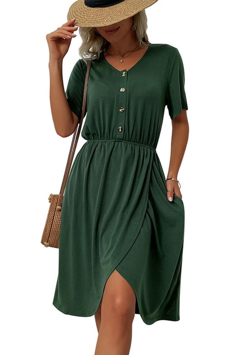 BUTTON POINT TIGHTEN WAIST SLIT DRESS - Doublju