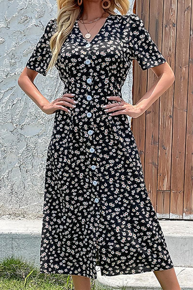 FLORAL V NECK PUFF BUTTON UP SLIT DRESS - Doublju