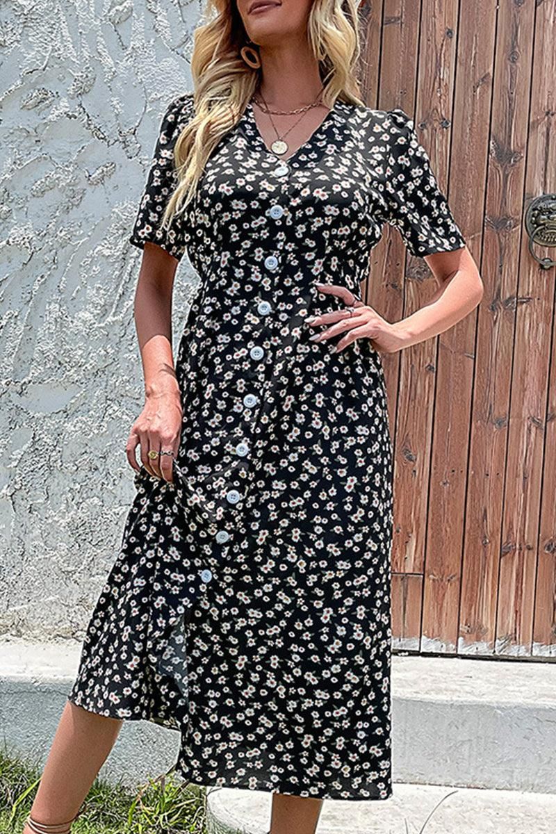 FLORAL V NECK PUFF BUTTON UP SLIT DRESS - Doublju