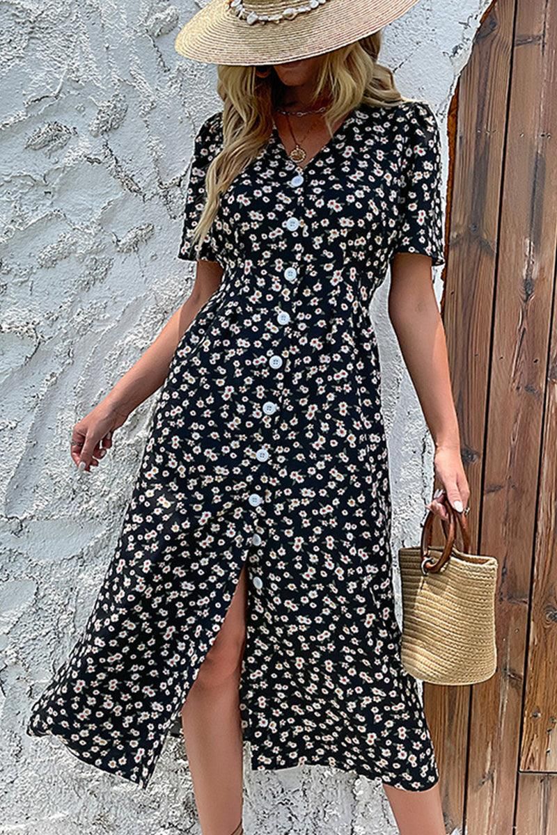 FLORAL V NECK PUFF BUTTON UP SLIT DRESS - Doublju