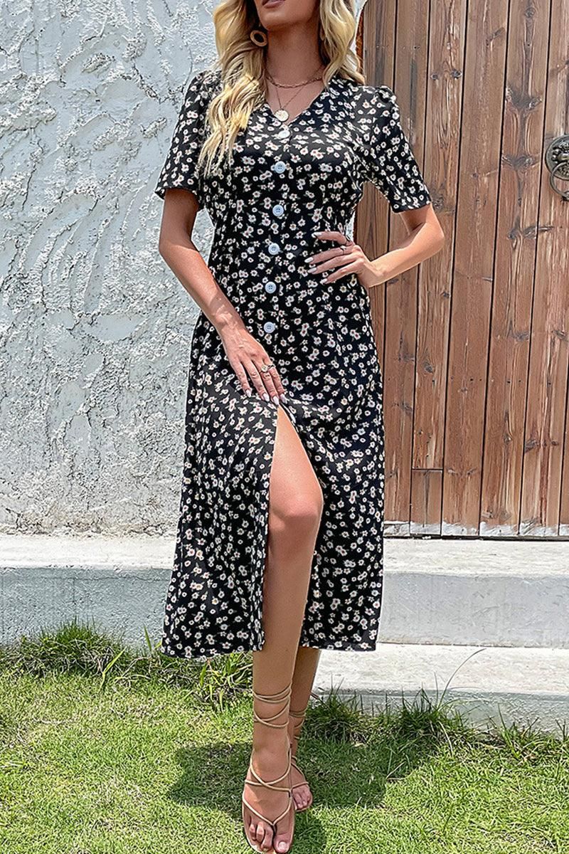 FLORAL V NECK PUFF BUTTON UP SLIT DRESS - Doublju