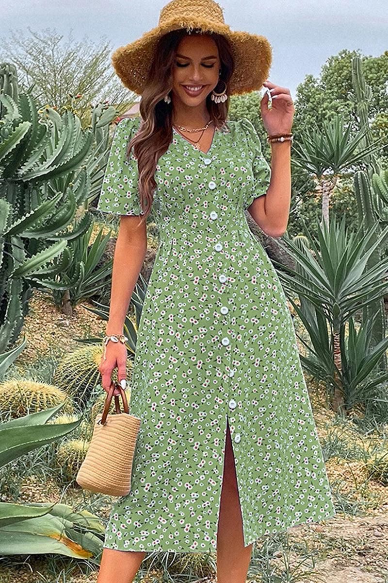 FLORAL V NECK PUFF BUTTON UP SLIT DRESS - Doublju