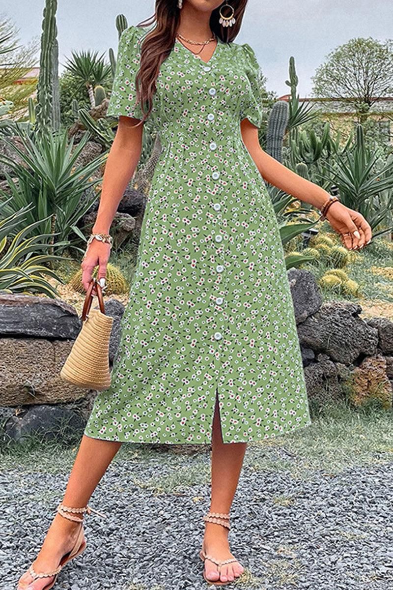 FLORAL V NECK PUFF BUTTON UP SLIT DRESS - Doublju
