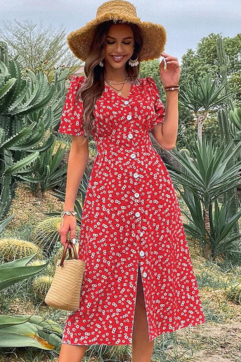 FLORAL V NECK PUFF BUTTON UP SLIT DRESS - Doublju