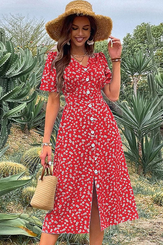 FLORAL V NECK PUFF BUTTON UP SLIT DRESS - Doublju